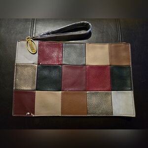 Carlos Santana Patchwork Pleather 13"X 9" Pouch purse Makeup Bag Clutch l